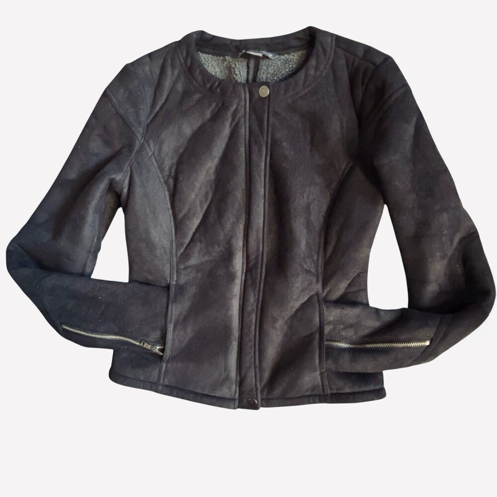 A/X Armani Exchange Black Faux Suede Sherpa Lined Zip Front Moto Jacket Size S